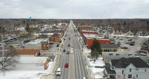 Oxford, Michigan downtown drone video moving up. photo