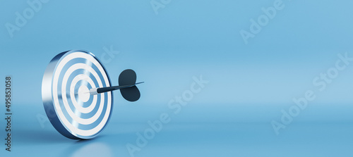 Wide bullseye target with arrow on blue background with mock up place. Targeting and marketing concept. 3D Rendering. photo