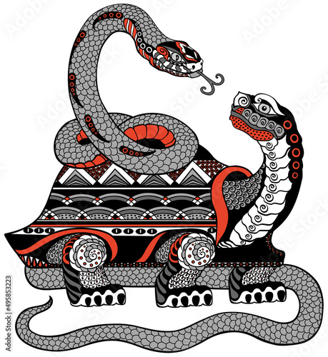 a tortoise or turtle entwined together with a snake. Mythological creature Genbu. Isolated vector illustration