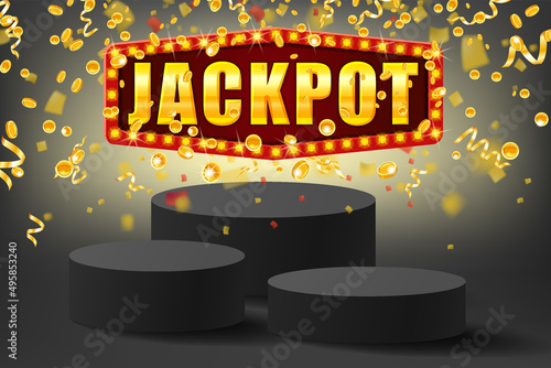 Jackpot shining banner podium winner falling gold coins confetti. Round stage pedestal fo award ceremony. Vector illustration