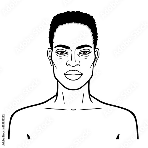 Animation portrait of beautiful African man. Monochrome drawing. Vector illustration isolated on a white background. Be used for coloring book.