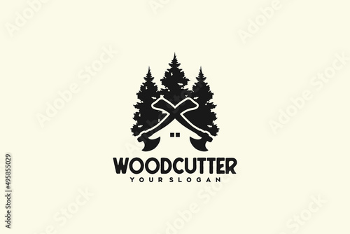 creative woodcutter logo, ax logo, pine tree logo, cabin logo, logo reference for your business