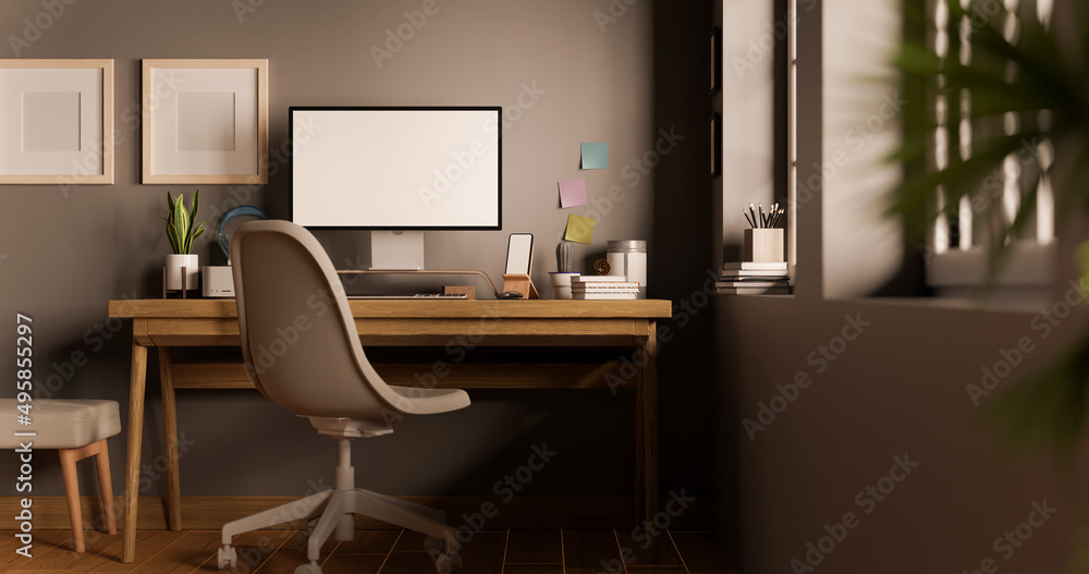 Modern urban trendy workstation interior design with computer mockup