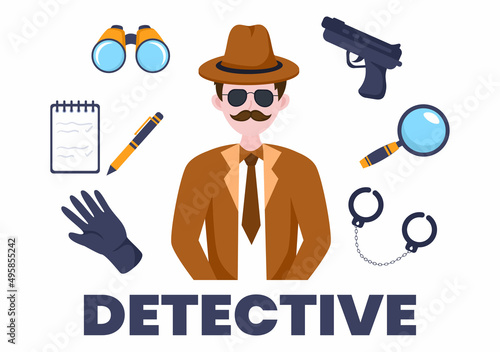 Private Investigator or Detective Who Collects Information to Solve Crimes with Equipment such as Magnifying Glass, Handcuffs and Other in Cartoon Background Illustration