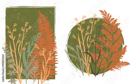 Two compositions with herbs on the background of abstract figures.