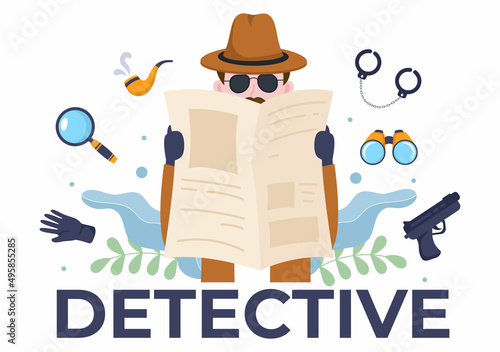 Private Investigator or Detective Who Collects Information to Solve Crimes with Equipment such as Magnifying Glass, Handcuffs and Other in Cartoon Background Illustration