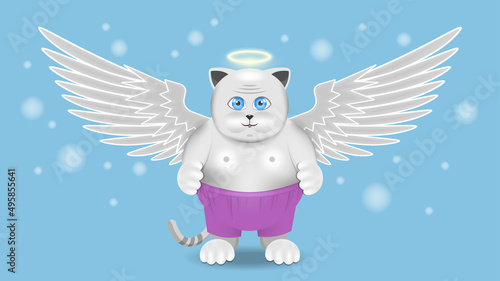 Vector cute cartoon big-eyed fat cat angel with spread wings and halo
