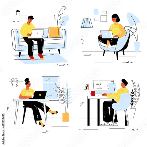 Freelance working concept set in flat line design. Men and women work remotely using laptops and computers, doing tasks online at home offices. Vector illustration with outline colorful web scenes