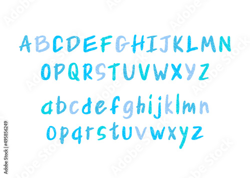 Blue lettering alphabet letters and numbers on white