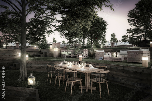 Garden Area of Pub & Restaurant - black and white 3d visualization