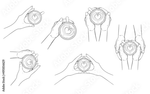 Collection of cusp of coffee and hands. Latte art - heart on foam. Vector illustration in sketch style
