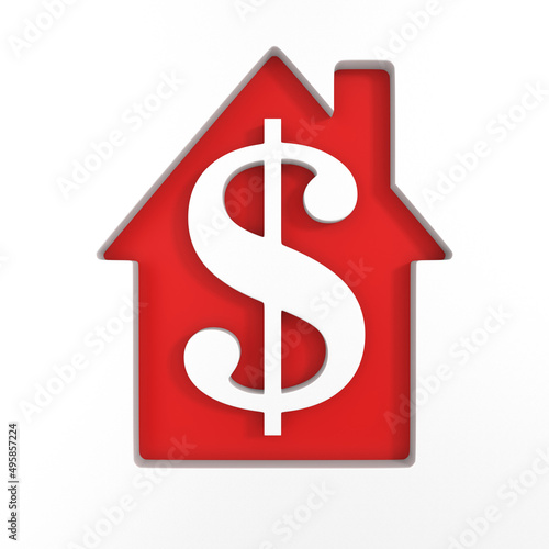 red house and symbol dollar on white background. Isolated 3d illustration