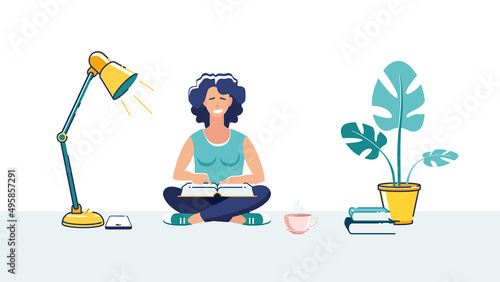 Leisure concept, young girl reading book and drinking coffee at work. Study, education. Female student studying at home, university, people. Cartoon characters flat style.Vector illustration, green