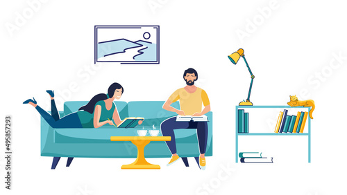 Learning concept, young people reading books, studying at home and drinking coffee. Teamwork, education. Students, girl and boy, at work, university. Flat style cartoon characters. Vector illustration