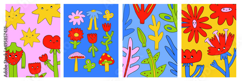 collection of vector interior seamless posters in hippie style.70s and 60s funky and festival placards.Psychedelic acid cards with flowers, mushrooms.Vintage 70s and 80s faded square posters.