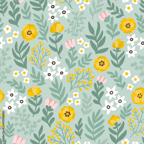 Seamless floral pattern. Textile design with flowers in boho style. Repeatabl...