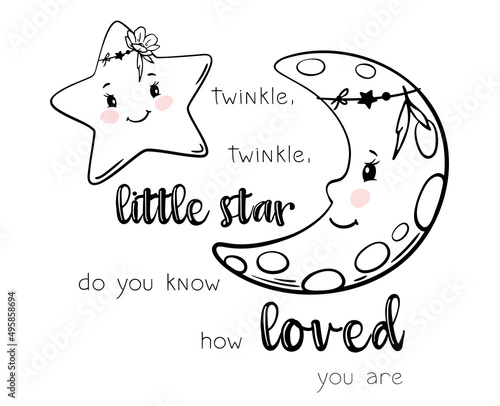 Twinkle little star. Moon and stars boho children's print for t-shirt or baby bodysuit