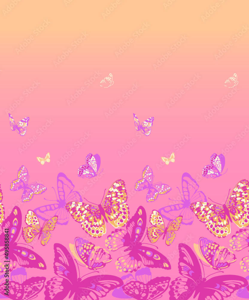  The flight of butterflies against the background of the dawn sky. Vector horizontal pattern.
