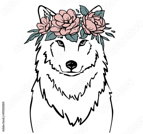 Wolf with floral wreath print for t-shirt. Animal with flower crown photo