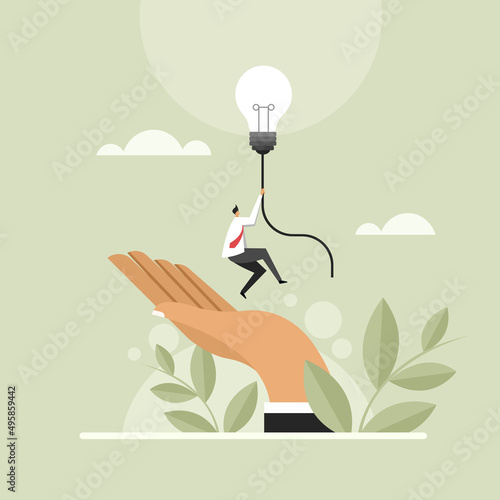 Conceptual illustration of a business man with idea is flying up from a big hand