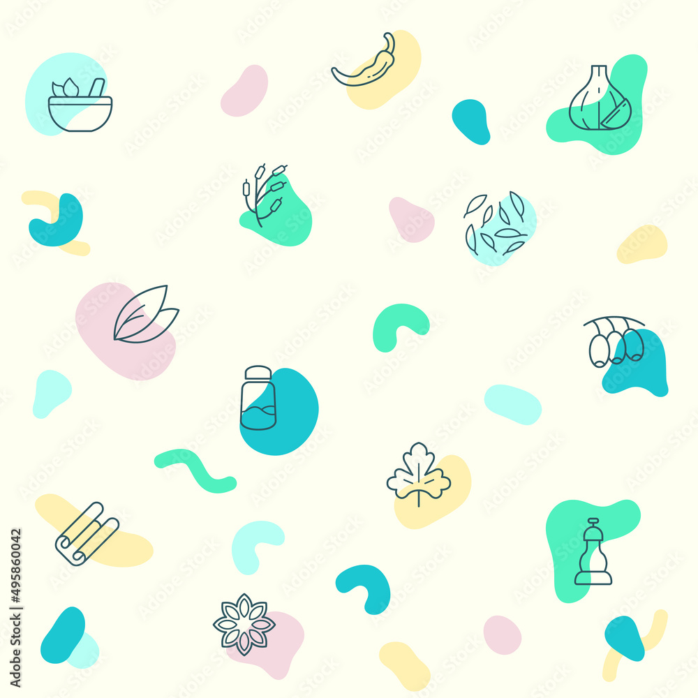 pattern on the theme herbs, spices, basil, parsley, rosemary, bay leaf, chili, onion, dill, cloves, garlic and more. simple color icons on beige background. pattern on the theme herbs, spices, basil, parsley, rosemary, bay leaf, chili, onion, dill, cloves, garlic and more. simple color icons on beige background.