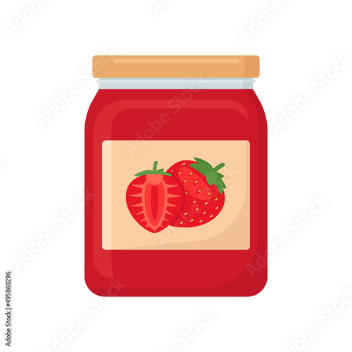 Glass jar of preserved strawberry jam, berry red confiture in bottle. Harvesting delicious homemade sweet meal. Glass capacity with lid for berry dessert. Food and cooking. Vector illustration