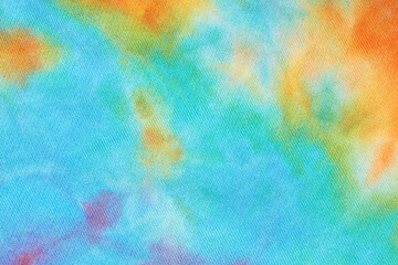 Abstract tie dye multicolor fabric cloth Boho pattern texture for background or groovy wedding card, sale flyer, 60s, 70s poster, kid tie-dye diy backdrop. Modern Watercolor Wet Brush Fabrics Art