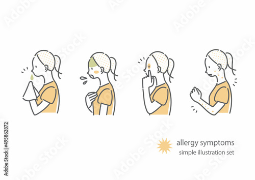 体調不良の症状アイコンセット　アレルギー　女性　シンプルでお洒落な線画イラスト