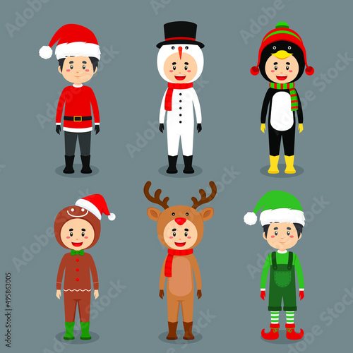 Set of Cartoon Character Wearing Christmas Costume