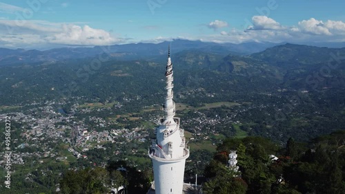 Most dangerous tower with spiral staircase. Ambuluwawa Biodiversity Complex - The main attractions of Sri Lanka. Aerial 4K photo