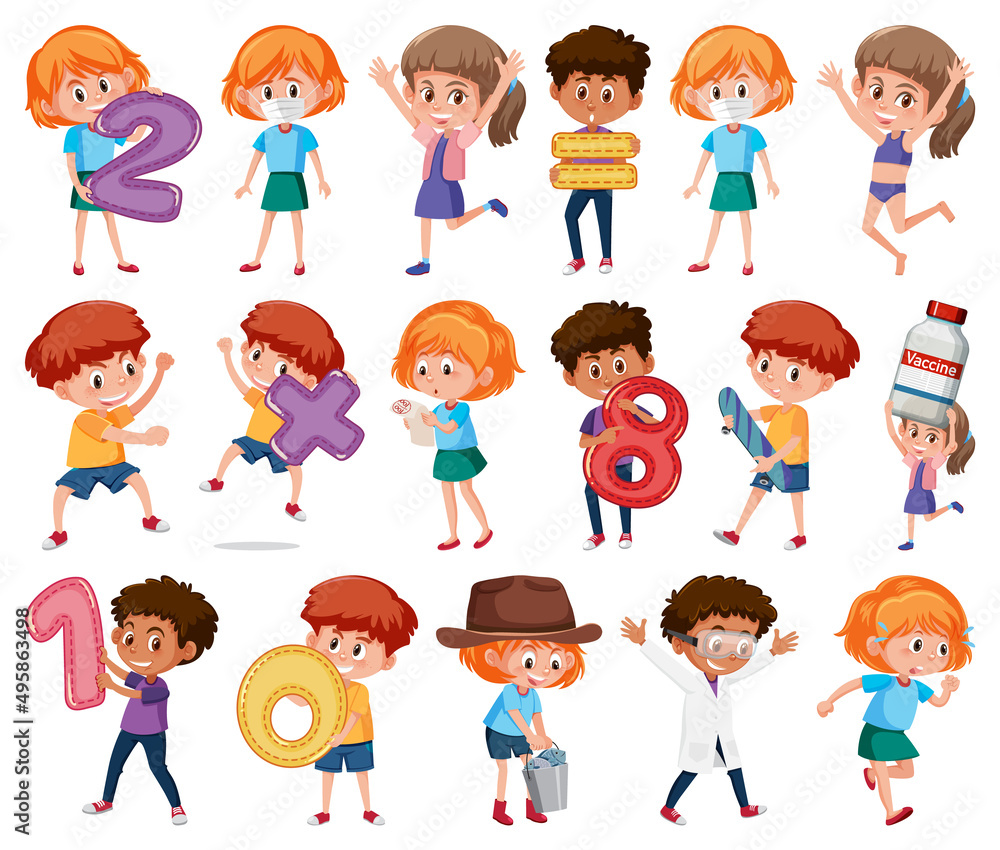 Set of children doing different activities on white background Set of children doing different activities on white background