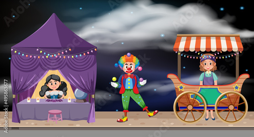 Outdoor scene with clown cartoon character