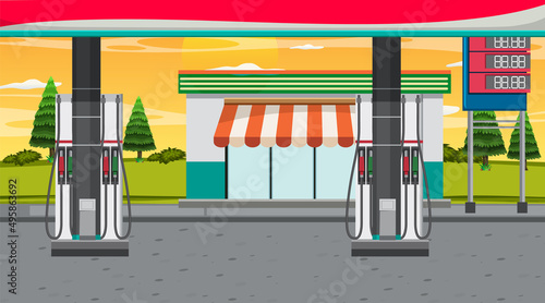 Gas station cartoon scene
