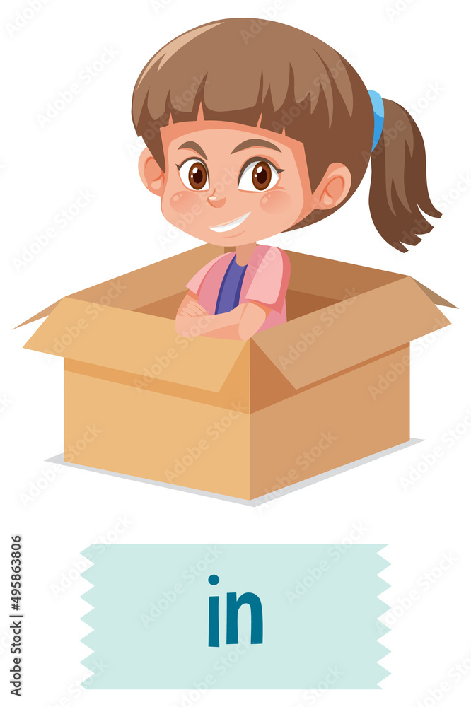 Preposition of place with cartoon girl and a box Preposition of place with cartoon girl and a box