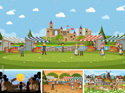 Set of different scene medieval with silhouette
