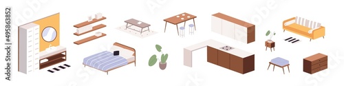 House interior furniture set. Tables, sofa, bed, chairs, shelves, chest of drawers and kitchen piece. Items for home bedroom, bathroom, dining. Flat vector illustrations isolated on white background