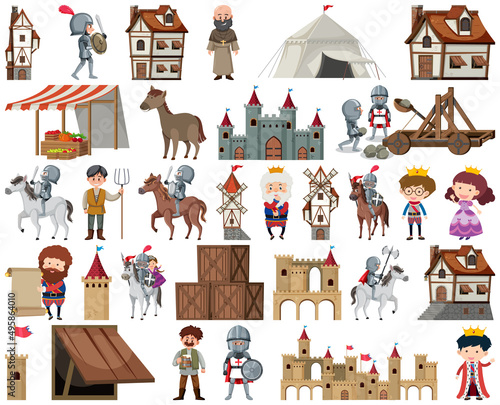 Medieval characters buildings set