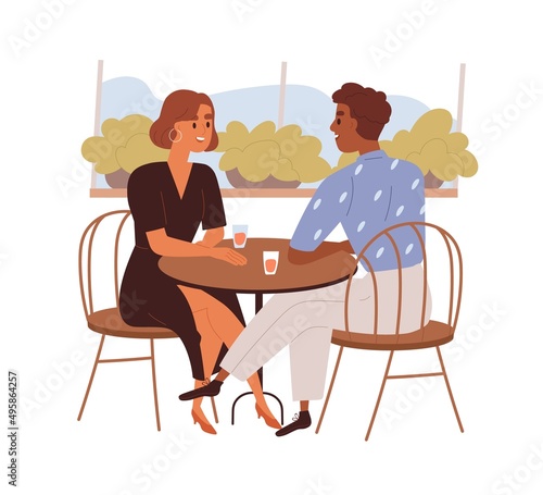 Love couple talking on date in cafe. Biracial man and woman sitting at table in romantic evening, rendezvous. Lovers chatting in restaurant. Flat vector illustration isolated on white background