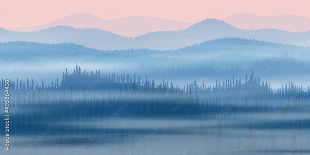Hills and mountains covered by forest, taiga. Dawn, the light of sunrise. Fog, morning haze. Hills and mountains covered by forest, taiga. Dawn, the light of sunrise. Fog, morning haze.