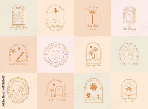 Collection of Summer, Sea, Surfing, Tropical linear logos, symbols, icons design template. Editable vector logotype.