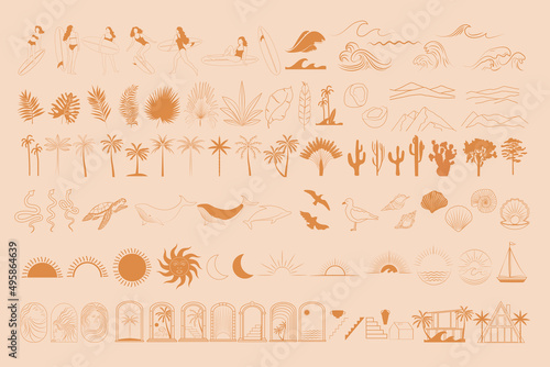 Collection of Summer Boho linear symbols, icons design. Sun, sea waves, palm. surfer, sea animals, moon, landscape. Editable Vector Illustration. photo