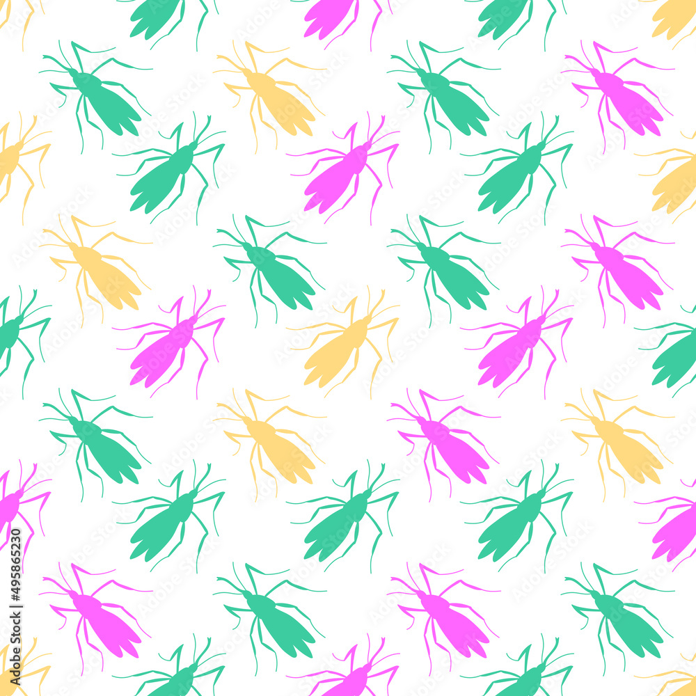 Vector seamless pattern of pink, green, yellow small mosquitos, moths, beetles in flat style. Simple multicolor texture with insects, bloodsuckers, pests