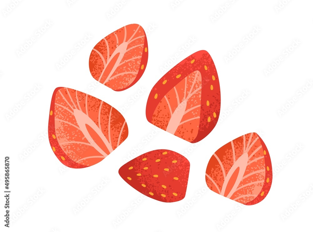 Fresh strawberry slices. Cute red berries pieces, halves. Sweet garden fruit with seeds. Healthy natural vitamin dessert food. Flat vector illustration isolated on white background Fresh strawberry slices. Cute red berries pieces, halves. Sweet garden fruit with seeds. Healthy natural vitamin dessert food. Flat vector illustration isolated on white background