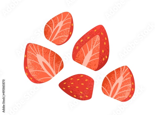 Fresh strawberry slices. Cute red berries pieces, halves. Sweet garden fruit with seeds. Healthy natural vitamin dessert food. Flat vector illustration isolated on white background
