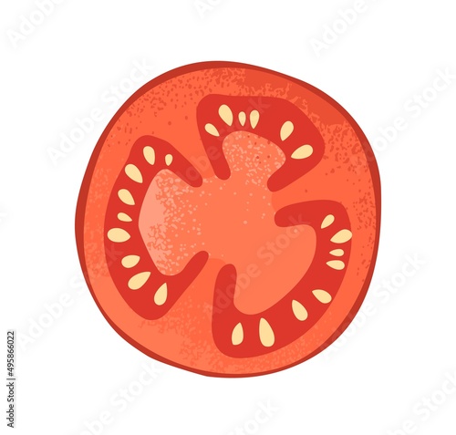 Tomato slice with seeds. Cut piece of fresh raw red vegetable. Veggie food, c...