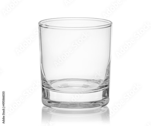 Empty transparent glass cup, shot glass, glass for wine, whiskey, cognac, martini, beer, juice and other drinks, isolated on white background. Dishes for bar, restaurant, pub.