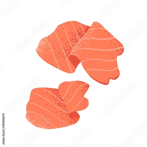 Salmon slices. Red fish pieces. Raw trout strips. Healthy salty fat food. Japanese ingredient. Vitamin nutrition. Textured flat vector illustration isolated on white background