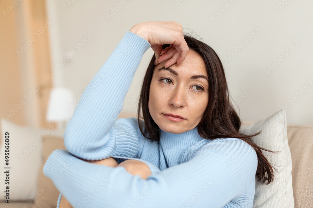 Sad depressed tired lonely divorced ill mother asian woman feeling unwell, unhealthy, suffering from midlife crisis on lockdown, social distance Sad depressed tired lonely divorced ill mother asian woman feeling unwell, unhealthy, suffering from midlife crisis on lockdown, social distance
