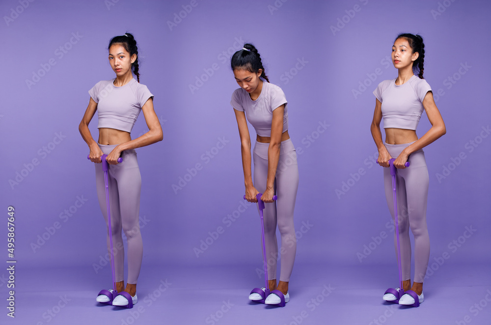 Naklejka premium Collage Full length body of Asian slim tanned skin Fitness woman exercise warm up stretch ABS arms
