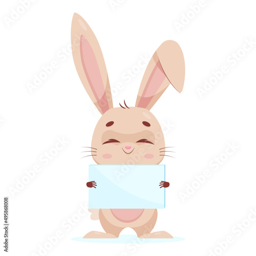 Adorable bunny with letter cartoon vector illustration. Cute smiling rodent standing with closed eyes and holding blank poster on white background. Wildlife animal concept